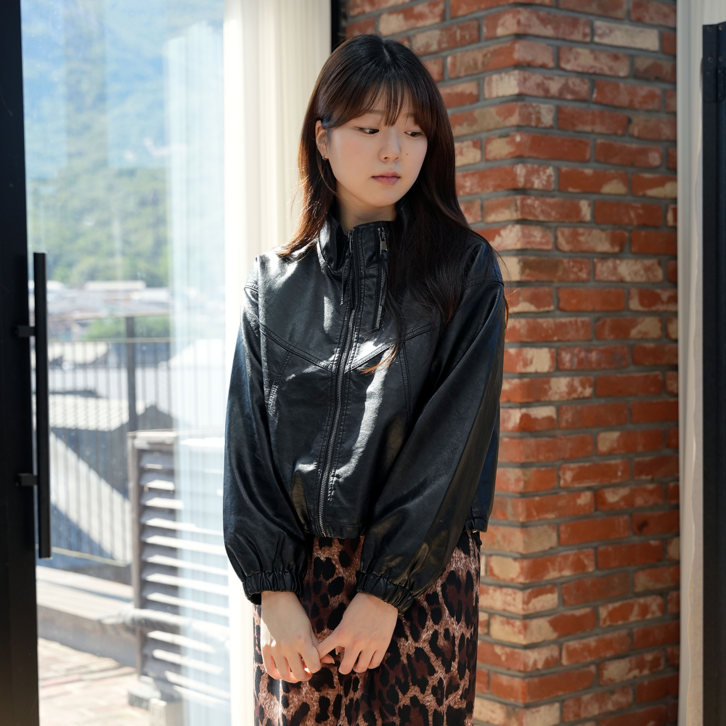 디바이브 여성 데일리 레더 밴딩 소매 블루종 사이드포켓 집업 빈티지 데일리 숏 가죽 자켓