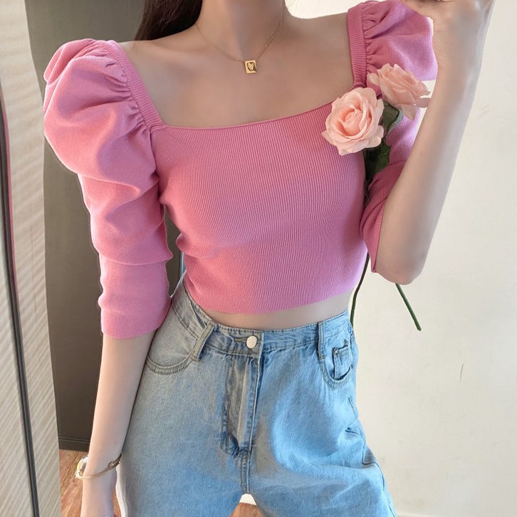 해피유통 여성 티셔츠 스퀘어넥 퍼프 크롭 티 레깅스  jh wcy