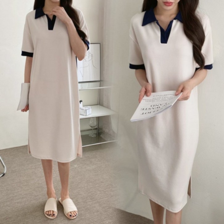 NewCare 여성 롱원피스 배색 카라원피스 h라인 스판 데일리 여름 반팔원피스 NewCare 여성 롱원피스 배색 카라원피스 h라인 스판 데일리 여름 반팔원피스