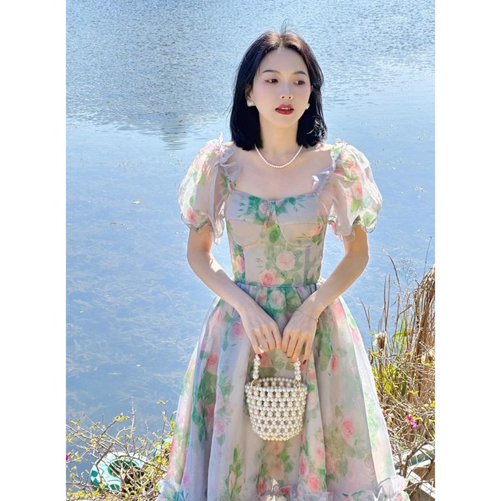 레이스 원피스 Organza 우아한 캐주얼 파티 요정 드레스 프랑스 빈티지 꽃 미디 여름 레이스 원피스 Organza 우아한 캐주얼 파티 요정 드레스 프랑스 빈티지 꽃 미디 여름