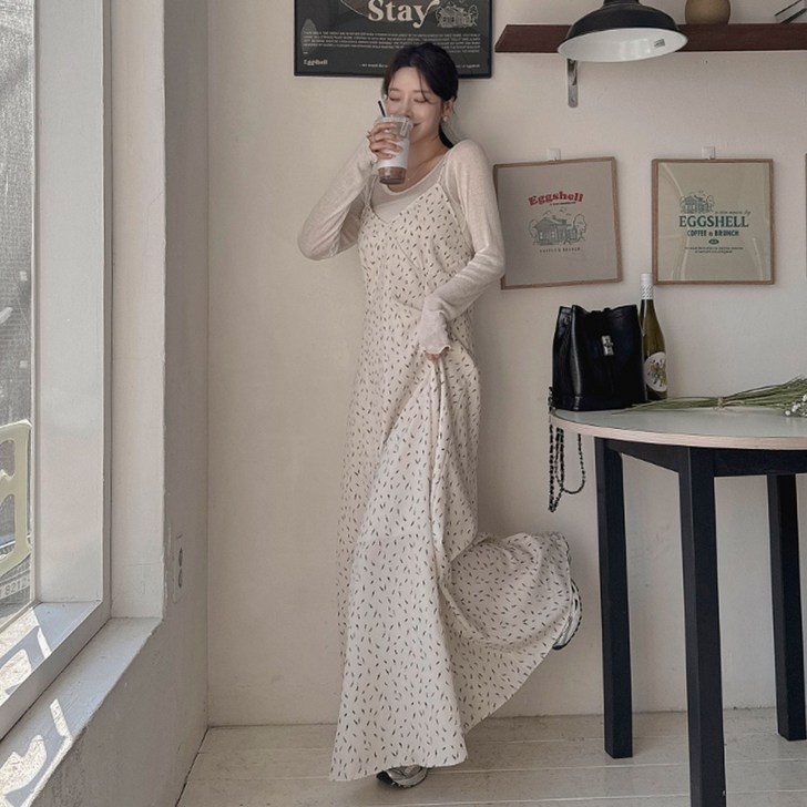 떳다그녀 체시 뷔스티에 패턴 배색 뒷밴딩 슬리브리스 휴양지룩 끈나시 롱원피스