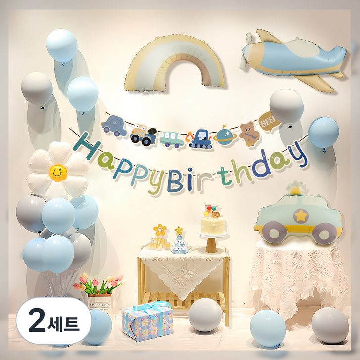 원그리드 생일 파티 풍선 세트, 2세트, 블루 스카이카