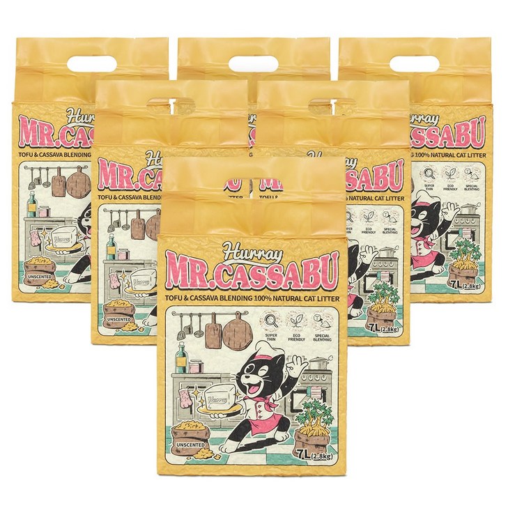 허레이 미스터 카사부 응고형 두부 카사바 블렌딩 고양이 모래, 7L, 6팩, 무향