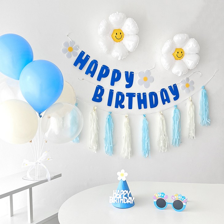 하피블리 데이지 풍선 테슬 가랜드 꼬깔 모자 생일 파티 용품 세트, 생일가랜드(블루)