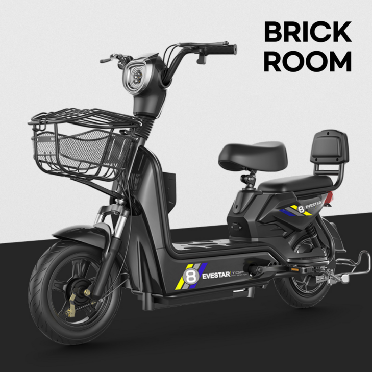 BRICKROOM 3세대 전기 스쿠터 자토바이 전동 출퇴근 팻바이크 2인용 자전거 배터리 분리형, 블랙, 14A납산65km일체형