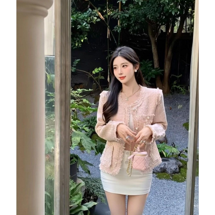 RODE 세련된 여성 라운드 고급 트위드 자켓 파스텔