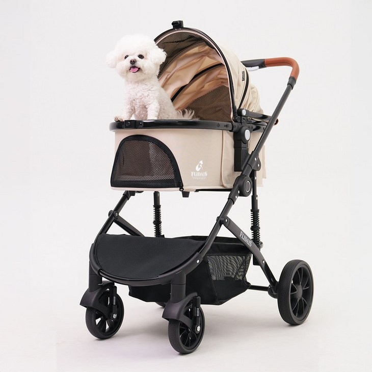 플리다스 디럭스 분리형 원터치 펫 유모차 개모차 애견 반려견 경량 퀵폴딩 소형견 중형견, 아이보리, 1개, 고급형