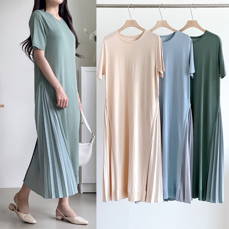 니트코어 여성 여름 루즈핏 빅사이즈 모던 슬릿 옆트임 플리츠 주름 라운드넥 반팔 니트 원피스 임부복 임산부원피스 하객룩 하객원피스 등하원룩