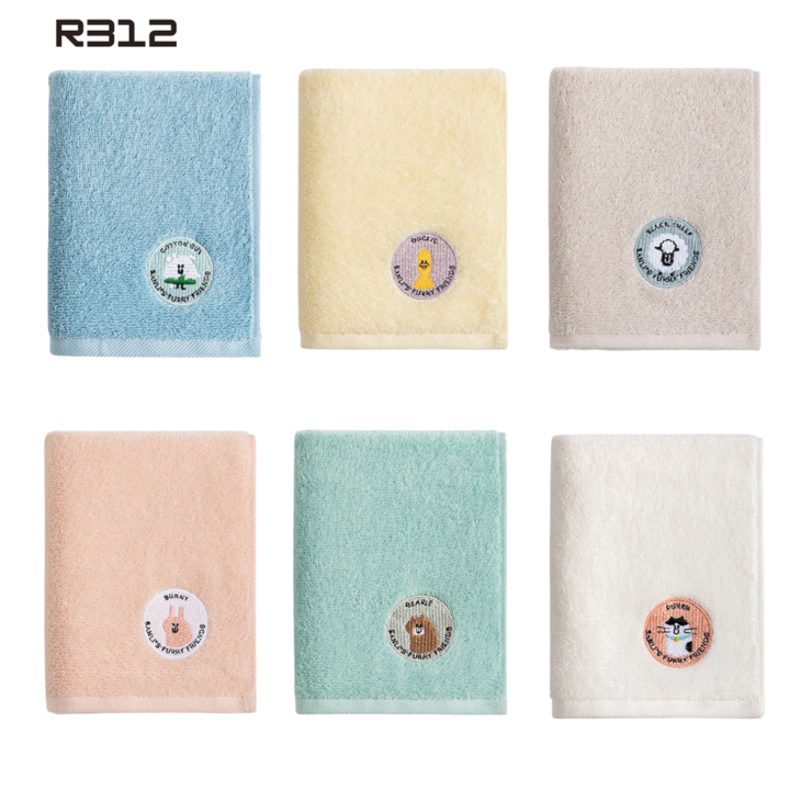 R312 아기세면 목욕 타올 100순면 자수 휴대용 여행용 수건, 그레이블루노랑화이트그린핑크, 6개