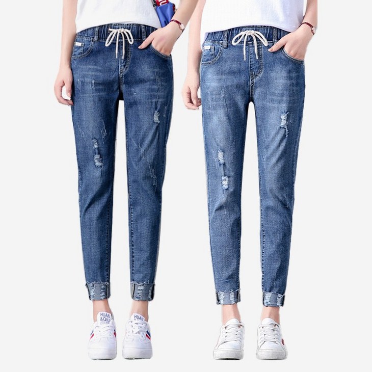 HL8006  여성배기청바지 슬림핏 스키니 허리밴딩 고무줄 스판데님팬츠 헤짐 빅사이즈 8부 9부 키작녀