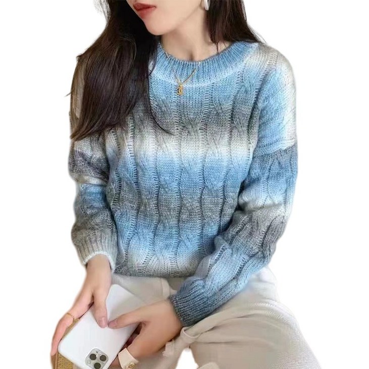 JINYOUQIAN 그라데이션 가을 스웨터 물렁물렁하다 라운드 스웨터 여자 스웨터 루즈핏 스웨터