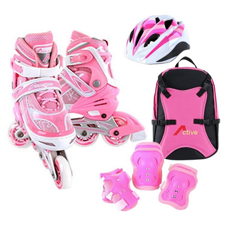 [인라인세트] 사이즈 조절형 아동용 발광바퀴 인라인 스케이트+헬멧+보호대+가방, 스마트 핑크 - 쇼핑앤샵