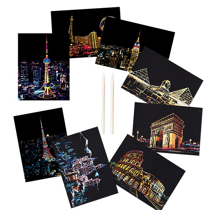 로모주 야경 스크래치북 엽서 카드 DIY 컬러링북 카드 8p  우드스틱 2p 세트