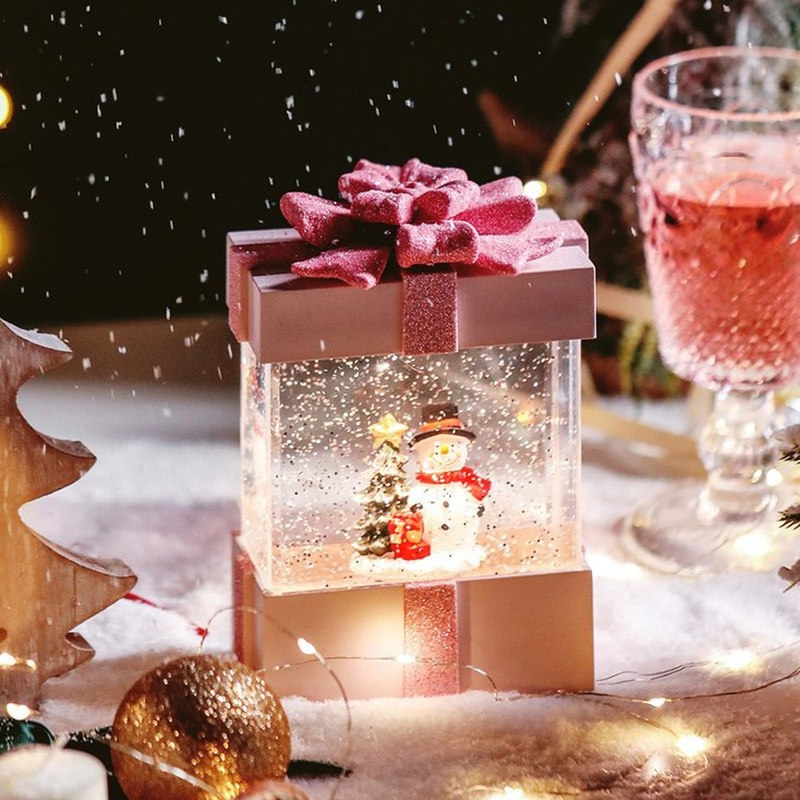 크리스마스 핑크 리본 선물 상자 트리 멜로디 워터볼 오르골 글리터 무드등 장식 디자인 상품, 트리고양이