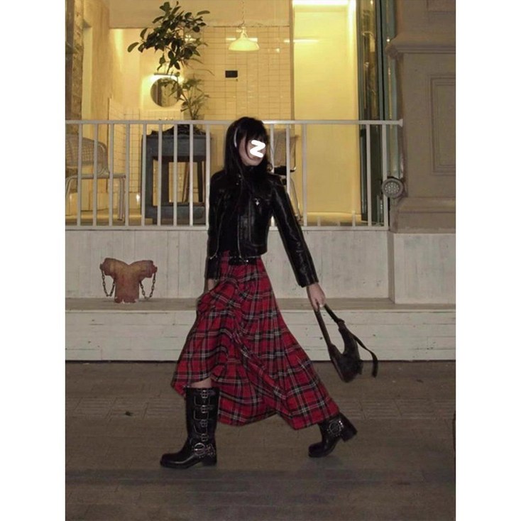 프렌치 타탄 체크 롱 스커트 프릴 장식 레트로 주름치마 플리츠 클래식 하객룩 캉캉