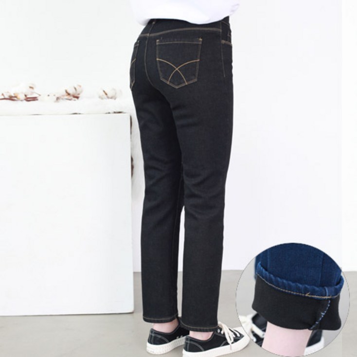 여성 두툼한 기모 일자 청바지 블루 블랙 2636 빅사이즈 9909