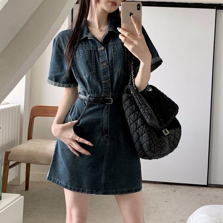2타입 미니 롱 데님 원피스 반팔 청 치마 여름 슬림핏 2타입 미니 롱 데님 원피스 반팔 청 치마 여름 슬림핏