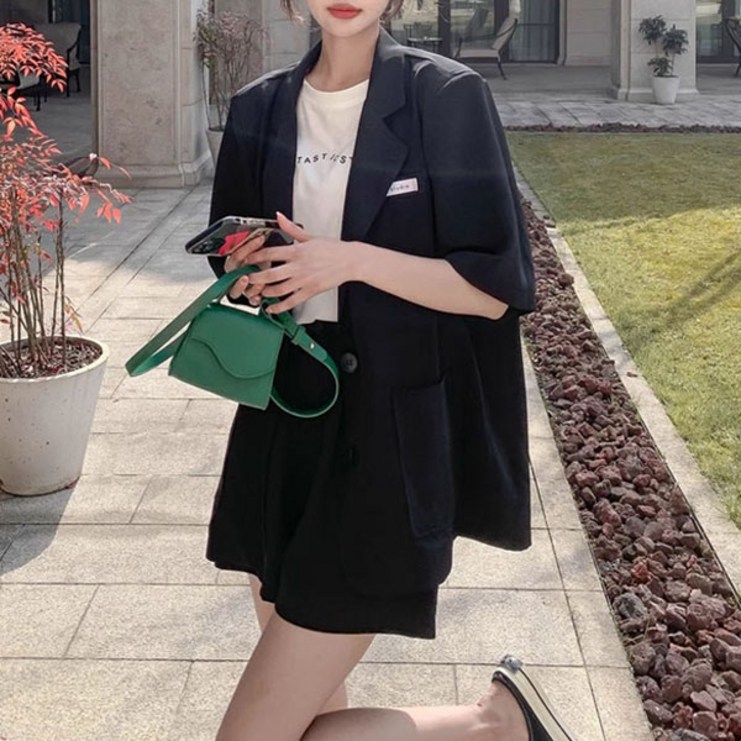 유니온 루즈핏 캐주얼 린넨 반팔자켓  와이드 4부팬츠 세트