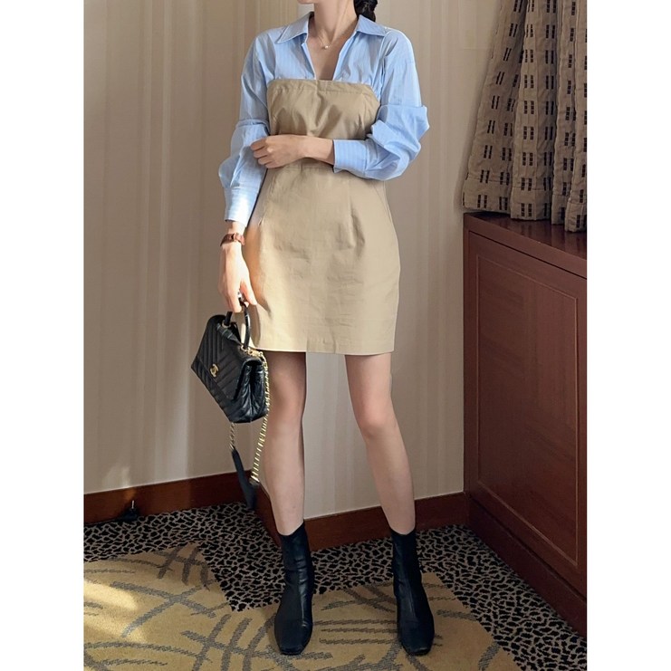 펀제니 봄가을셔츠원피스 긴팔카라 미니스커트 면원피스