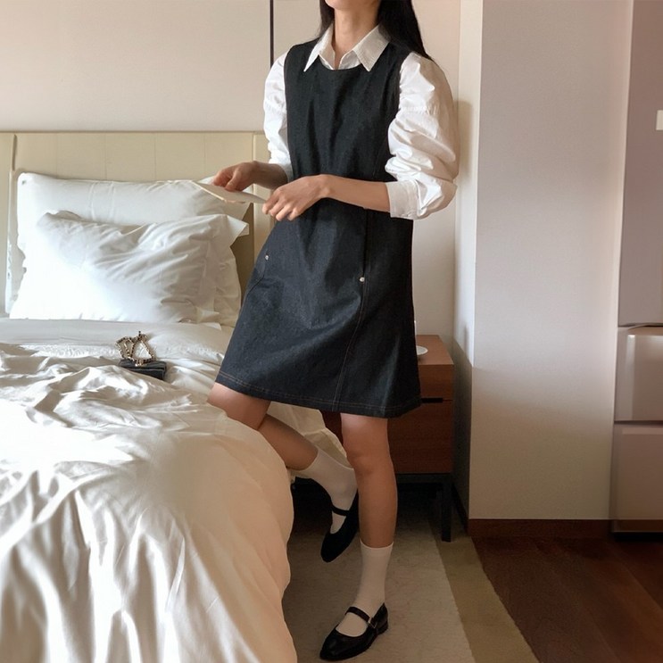데님원피스 미디원피스 리벳 민소매 레이어드 청 흑청 데님원피스 미디원피스 리벳 민소매 레이어드 청 흑청