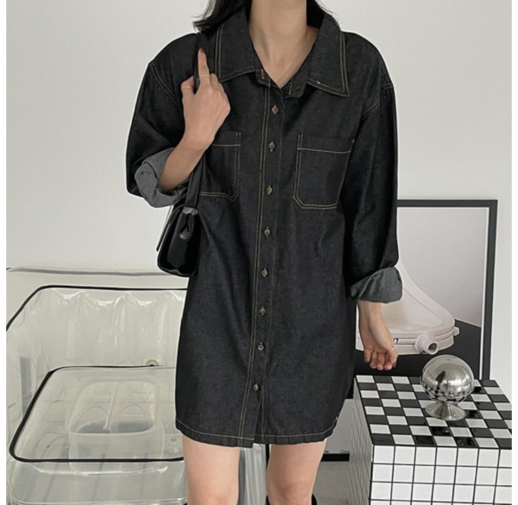 슈가펀 턴턴 스티치 데님 미니 원피스
