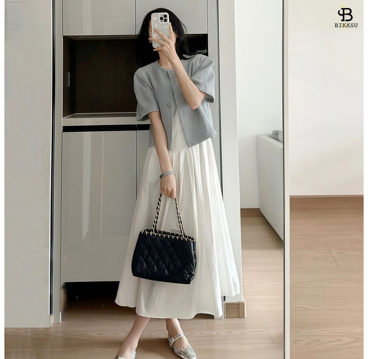 BIKASU 여성 캐주얼 반팔 자켓 민소매 롱원피스 하객룩 오피스룩 슈트