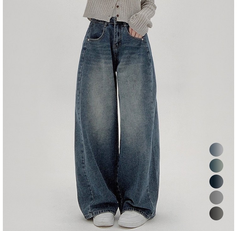 코모도 여성 와이드 청바지 절개 라인 롱 데님 팬츠  2단기장