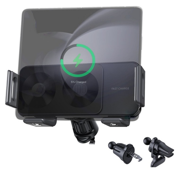 isee아이시 폴드3456호환 차량용 휴대폰 15W고속 무선 충전 거치대, 블랙, 1개