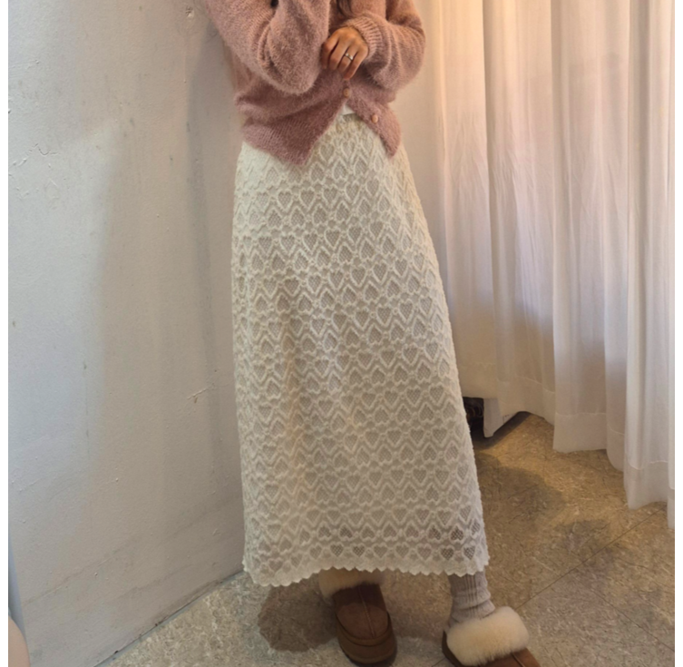 스타일원 여성 허리 밴딩 겨울 하트 레이스 기모 롱스커트 치마