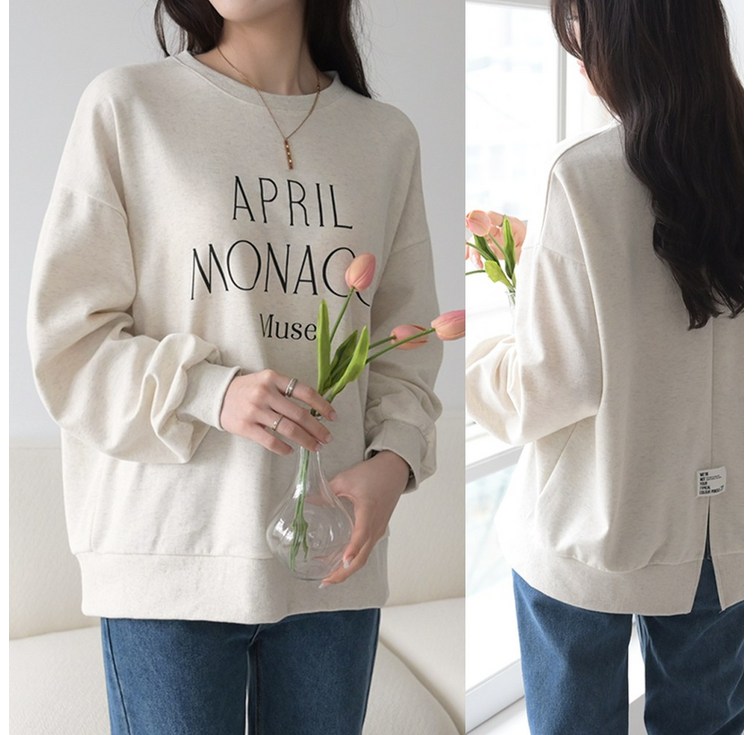 데일리앤 에이프릴 여성 오버핏 레터링 라벨 뒷트임 긴팔 맨투맨 티셔츠 간절기 롱티