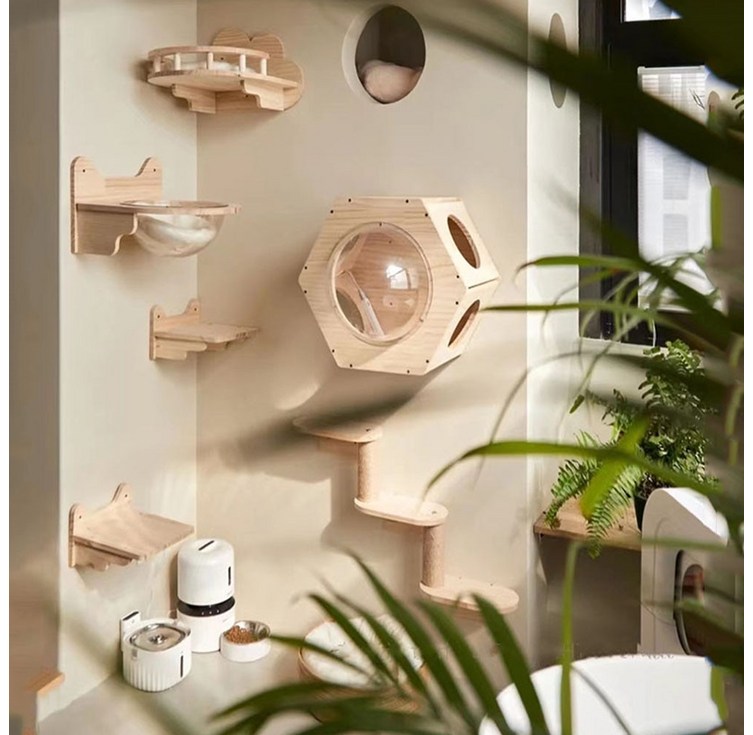고양이 원목 벽 부착 계단 캣타워 벽걸이 선반 구름다리 숨숨집