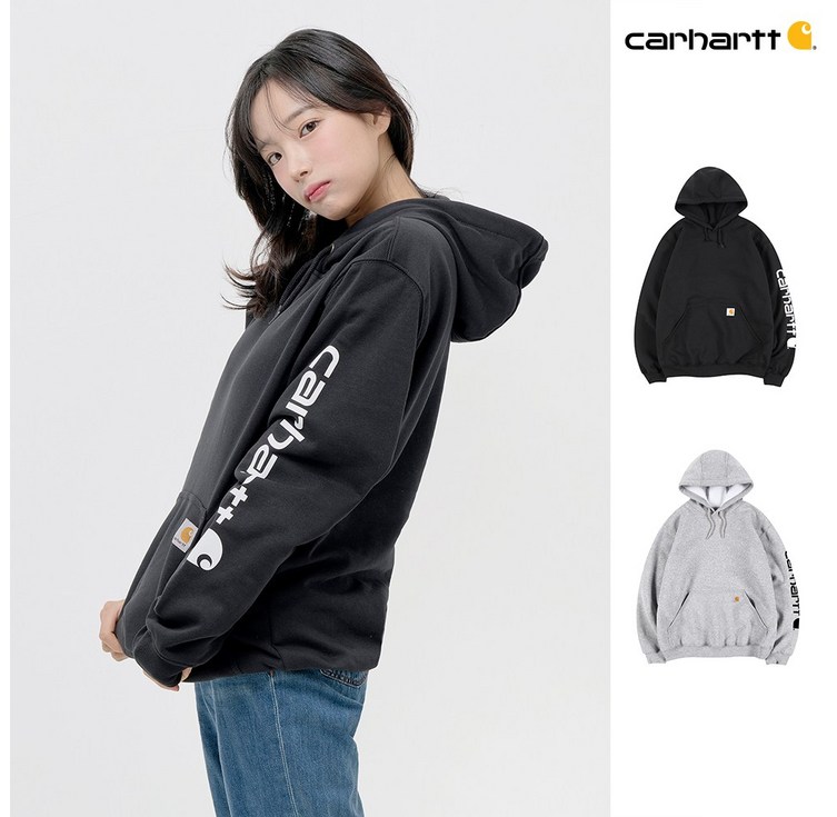 칼하트 남녀공용 오버핏 기모 후드티 소매로고 K288