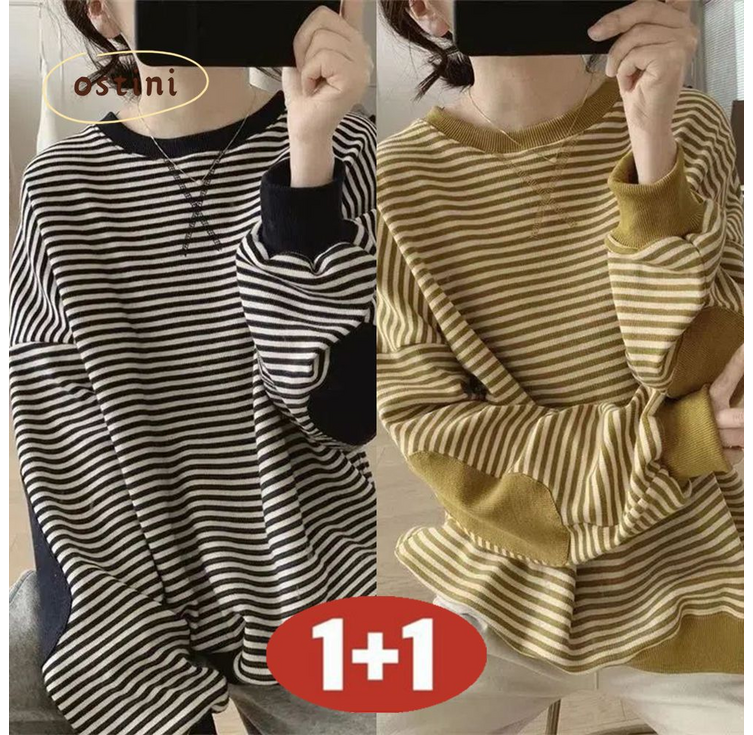 오스틱니 150kg까지 11 날씬해보이는 여성 라운드 스트라이프 클래식 배색 맨투맨 긴팔 티 가을 겨울 빅사이즈 멋지군 BF 루즈핏 간절기 이너 큰옷 캐주얼 여자 티셔츠