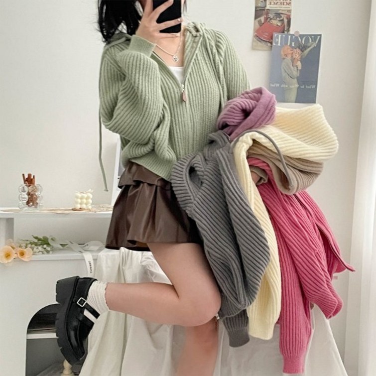 입꼬 몽실 도톰 벌룬 후드 니트집업6color 입꼬 몽실 도톰 벌룬 후드 니트집업6color